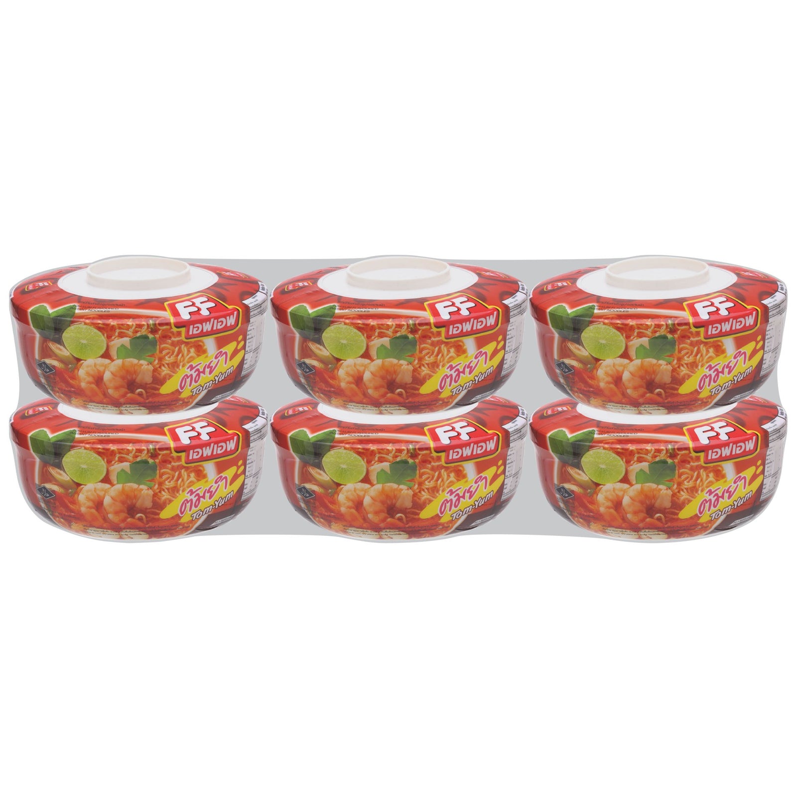 Pack of six FF Tom-Yum Flavoured Instant Noodles on a white background