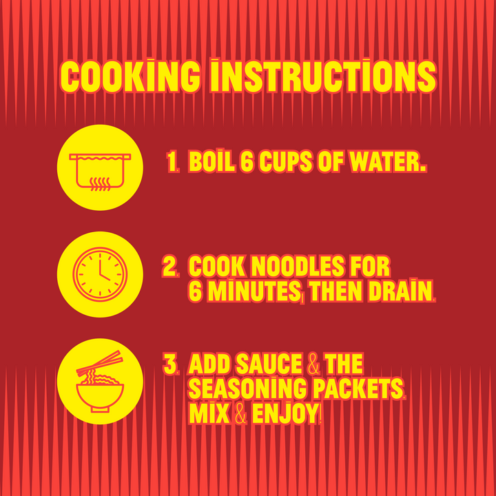 A red and yellow cooking instructions graphic with three numbered steps: boil 6 cups of water, cook noodles for 6 minutes then drain, and add sauce with seasoning packets.