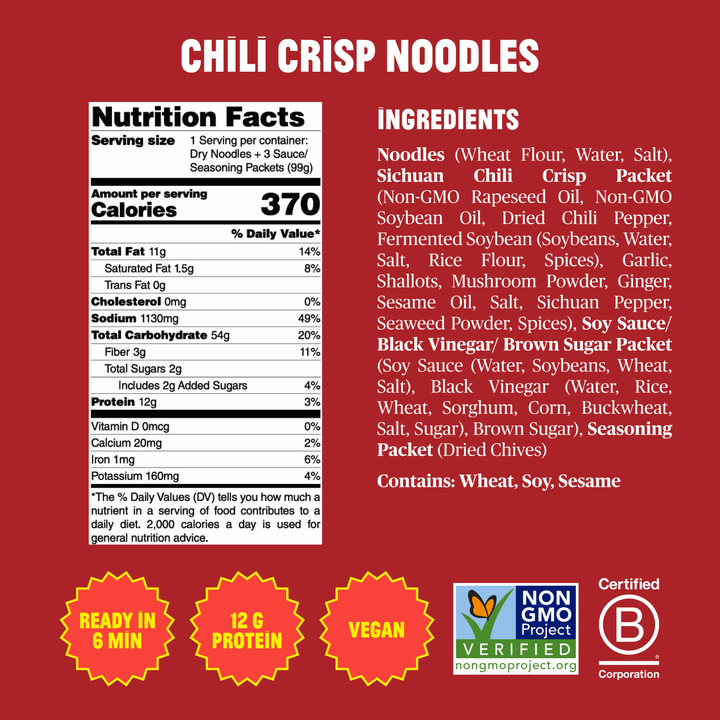 Nutrition facts and ingredients label for Chili Crisp Noodles on a red background