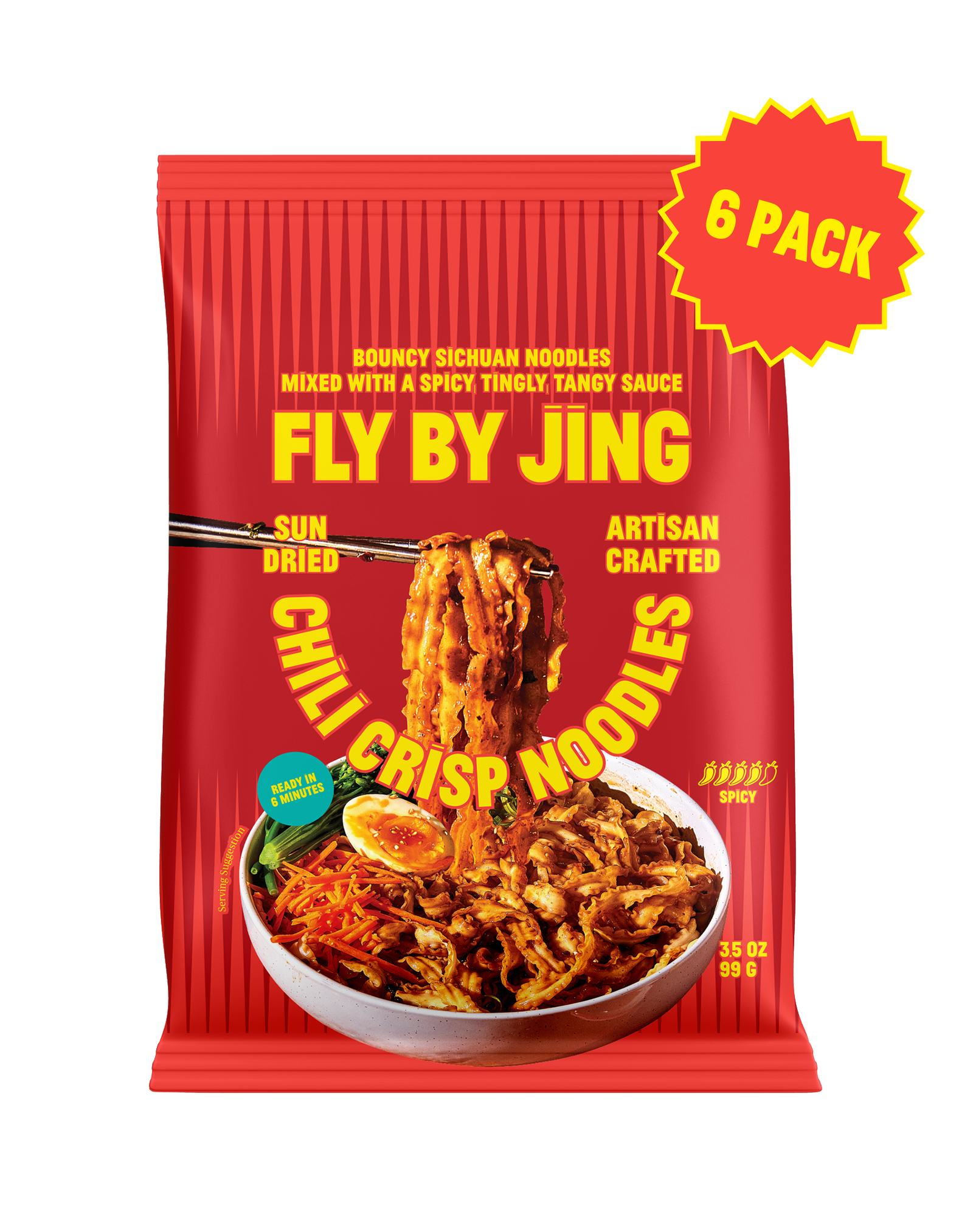 A red package of Fly By Jing Chili Crisp Noodles shown on a plain white background, with a yellow burst sticker reading '6 PACK' in the top right corner.