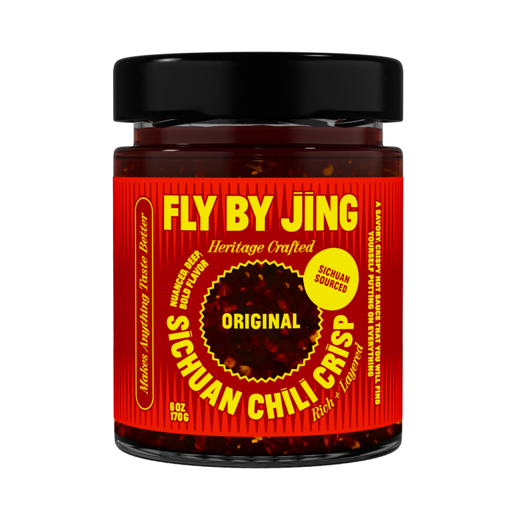 Jar of Fly By Jing Sichuan Chili Crisp on a white background