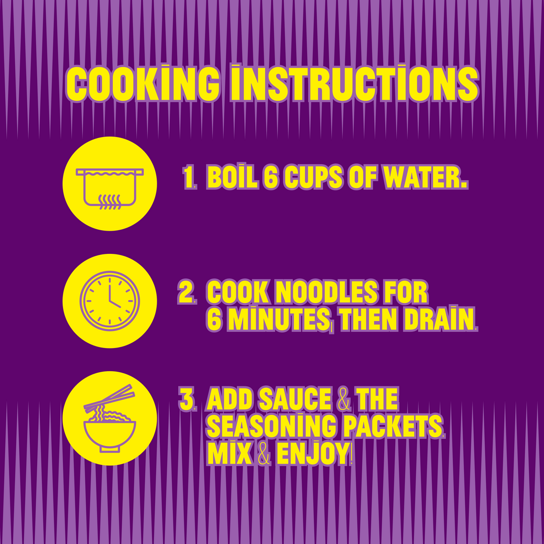 Cooking instructions on a purple background with yellow text and icons.
