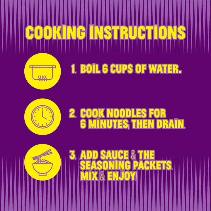 Cooking instructions on a purple background with yellow text and icons.