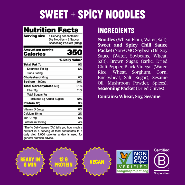 Back label for Sweet + Spicy Noodles featuring a purple background with a Nutrition Facts panel, ingredient list, and promotional badges including &