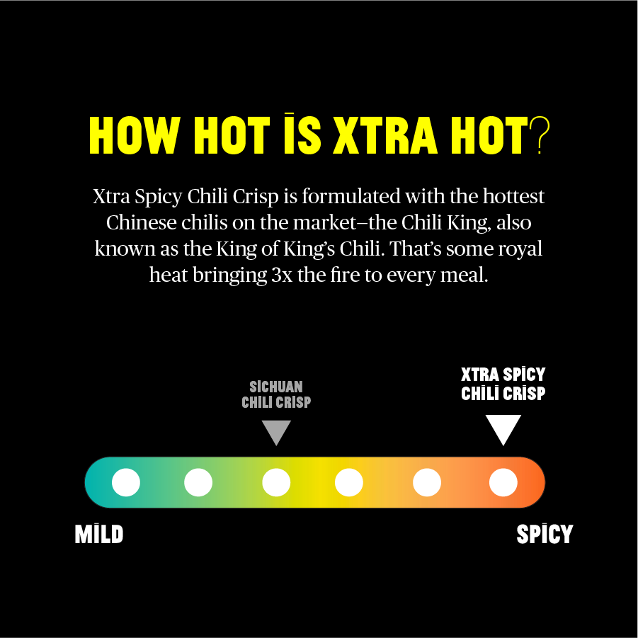 Heat level comparison chart for Xtra Spicy Chili Crisp with a black background