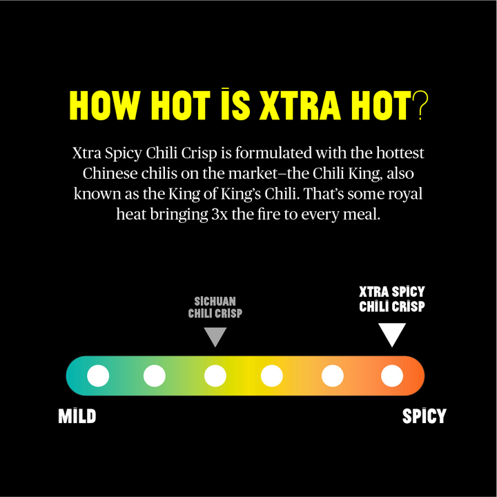 Heat level comparison chart for Xtra Spicy Chili Crisp with a black background
