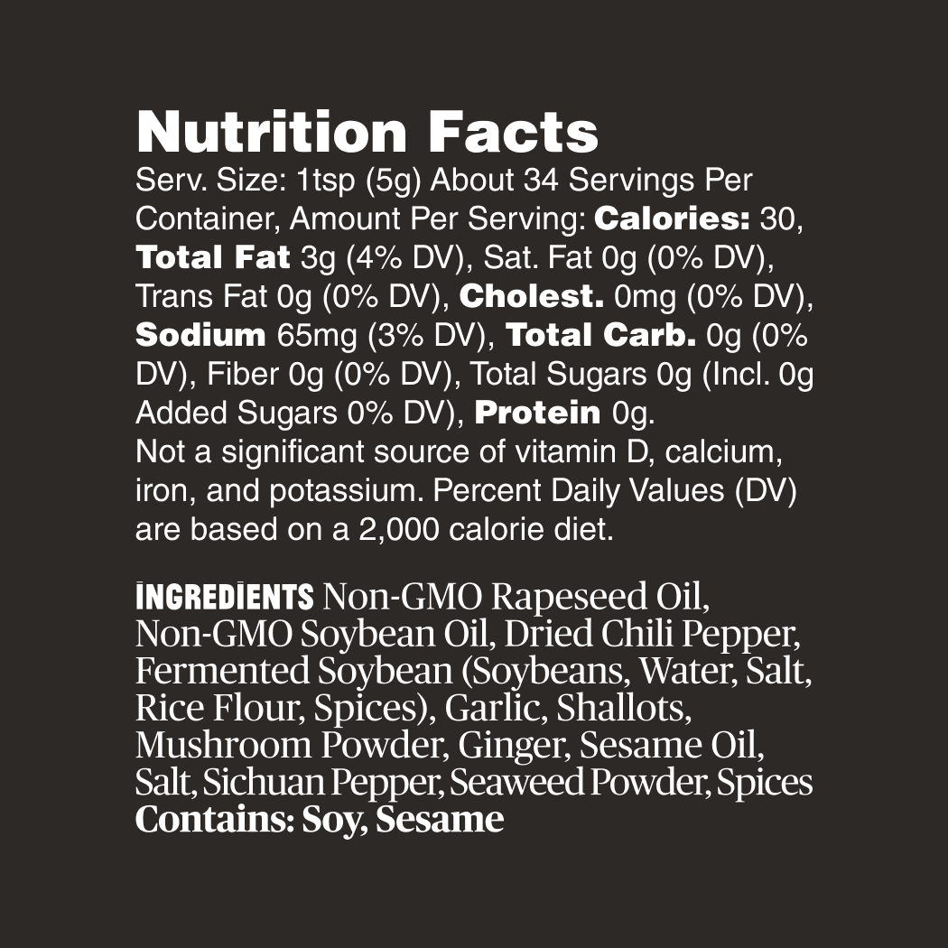 Nutrition facts and ingredients list on a black background