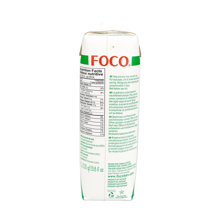 FOCO product packaging with nutritional facts label on a white background
