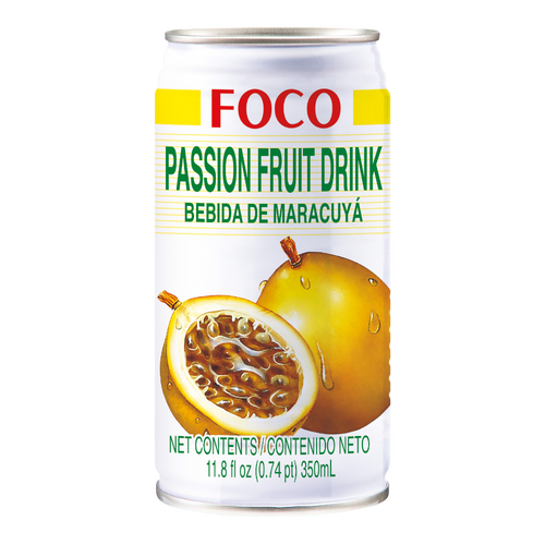 Can of Foco Passion Fruit Drink with a passion fruit illustration on a white background