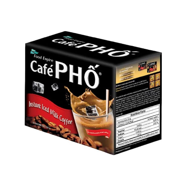 Black box packaging for Food Empire Cafe Pho Instant Flavoured Coffee, featuring an image of a glass of ice splashing in coffee, coffee beans on bottom of image.