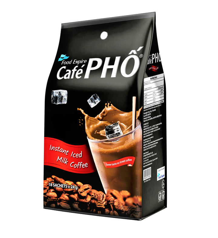 Packaging for Food Empire Cafe Pho Instant Flavoured Coffee, featuring an image of a cup of coffee with ice, and text highlighting the product as Halal and a product of Malaysia.