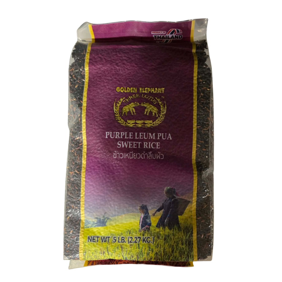 Bag of Golden Elephant Purple Leum Pua Sweet Rice on a white background