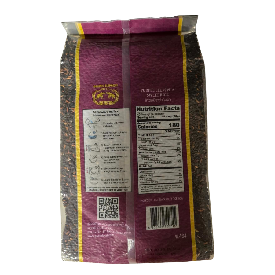 Bag of purple rice with nutritional information on a white background