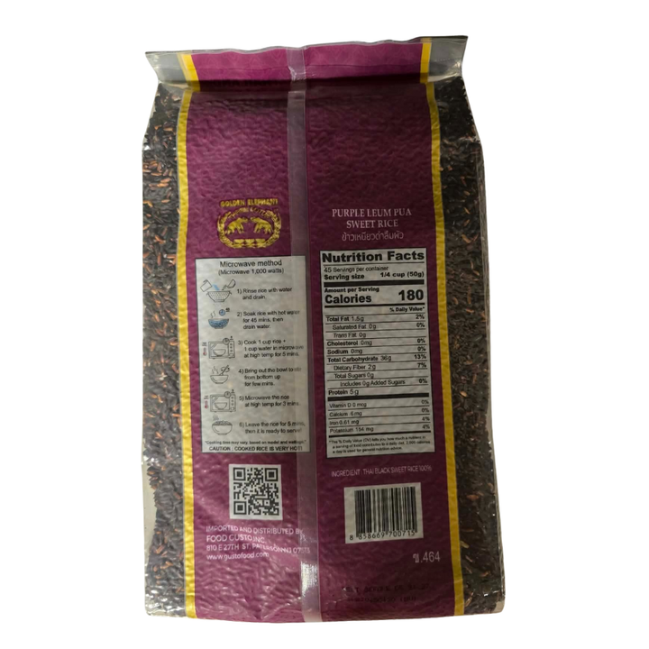 Bag of purple rice with nutritional information on a white background
