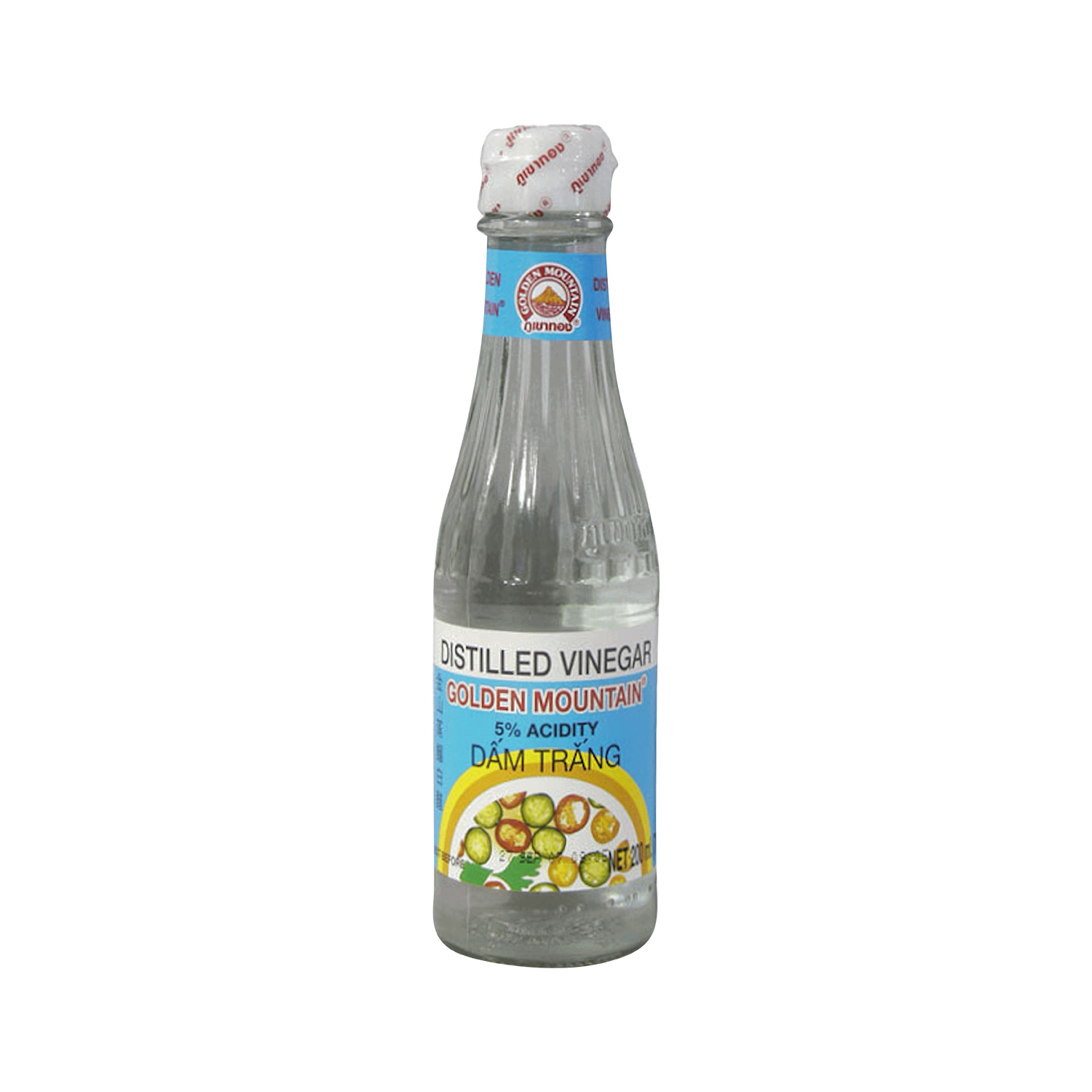Bottle of distilled vinegar with a label on a white background
