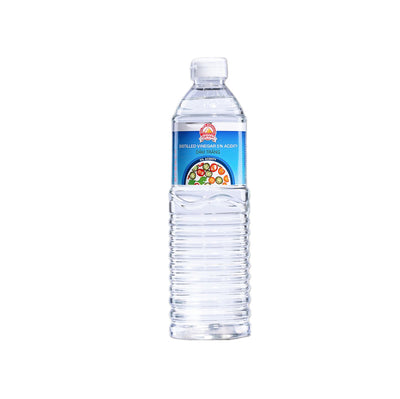 A clear plastic bottle of Golden Mountain Distilled Vinegar with a sky blue label featuring an image of colorful sliced Thai chili peppers in a small bowl of vinegar. 