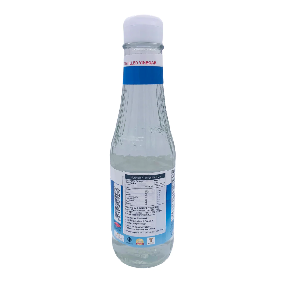 Bottle of distilled vinegar with a blue label on a white background