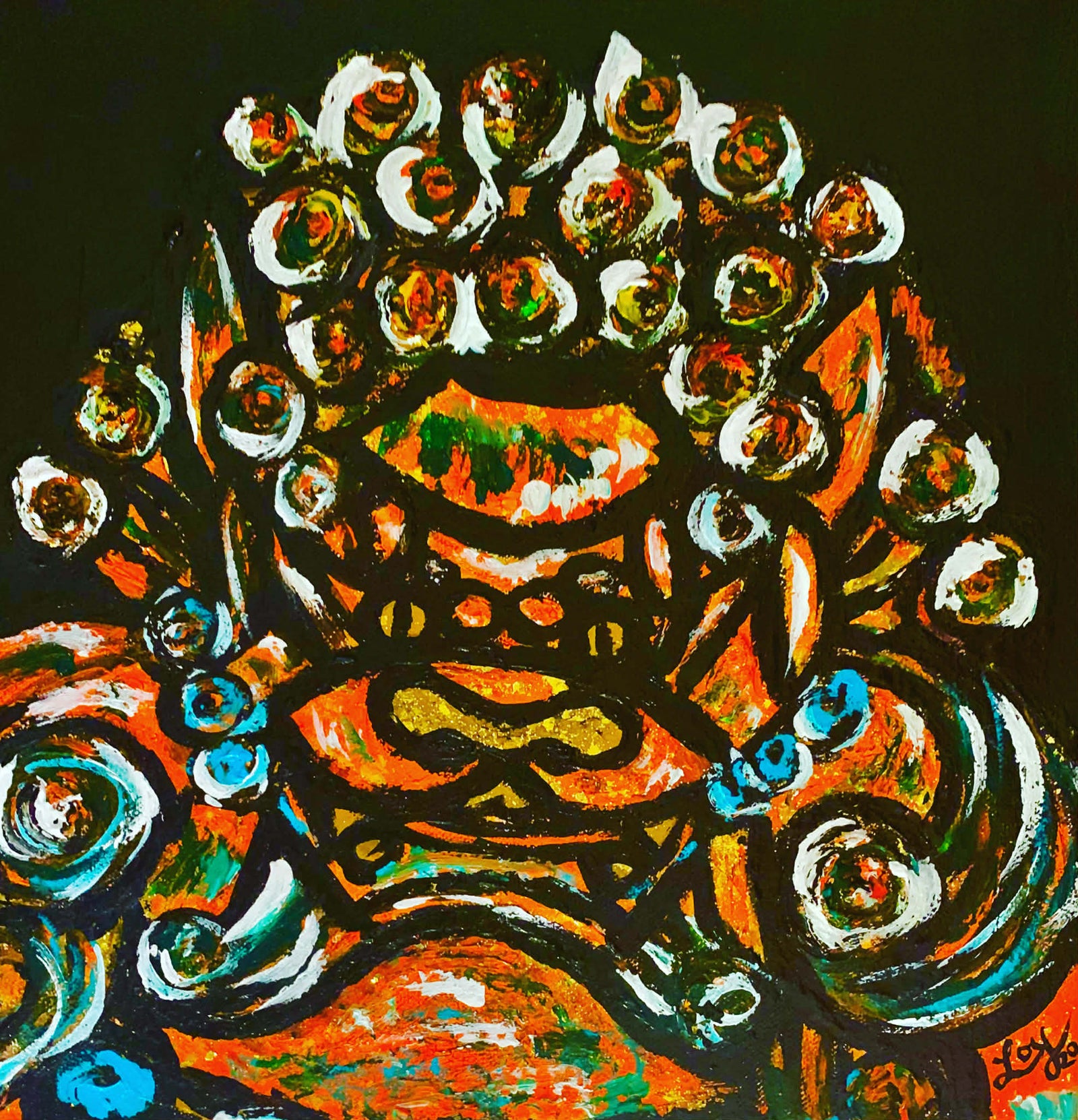 Colorful abstract painting with swirling patterns on a black background
