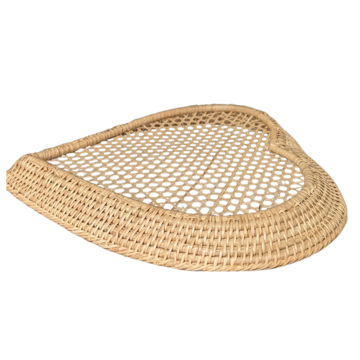 Right side view of the Heart-shaped bamboo woven plate on a white background