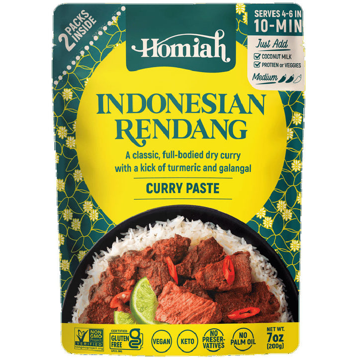 Homiah Indonesian Rendang curry paste packaging with text and image of curry on rice.