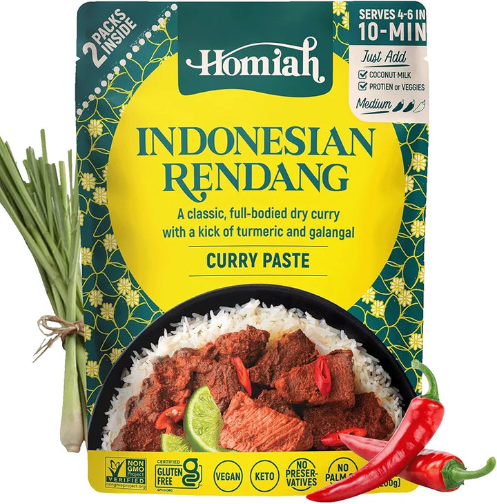 Homiah Indonesian Rendang curry paste package with ingredients on a white background