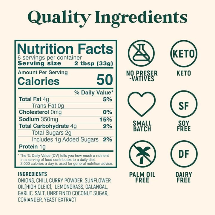 Nutrition facts label with quality ingredients icons and text on a white background