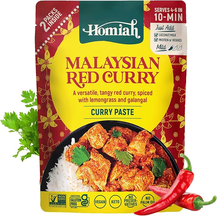 Homiah Malaysian Red Curry paste packaging with curry and rice illustration on a white background