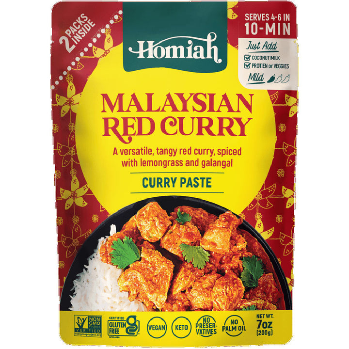 Homiah Malaysian Red Curry paste packaging with curry and rice on a white background