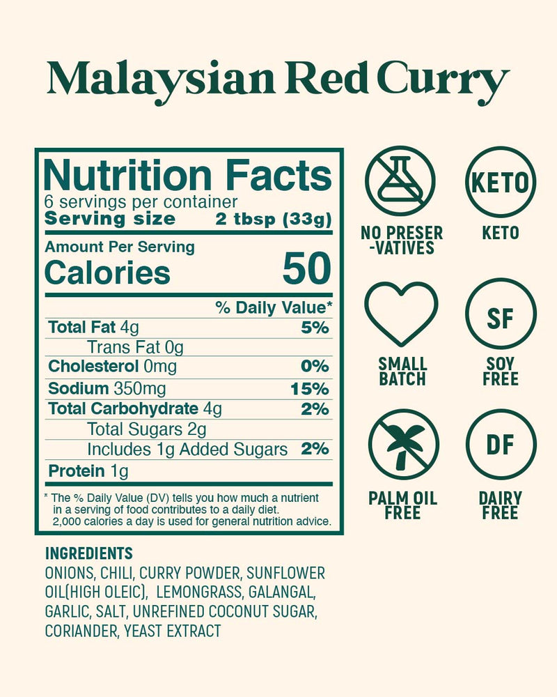 Nutrition facts label for Malaysian Red Curry with icons and text on a white background