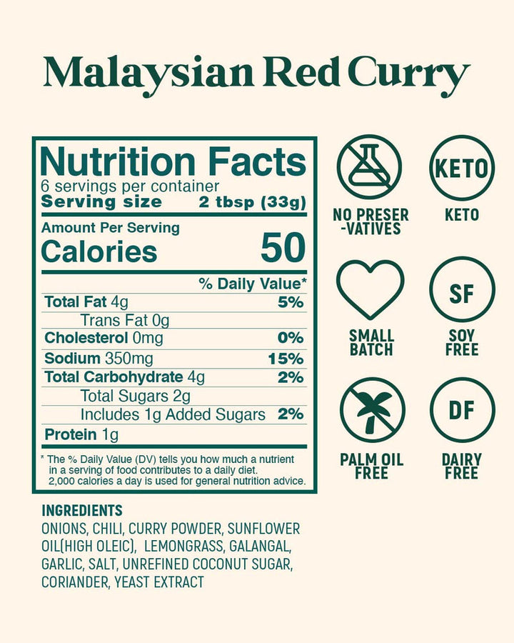 Nutrition facts label for Malaysian Red Curry with icons and text on a white background