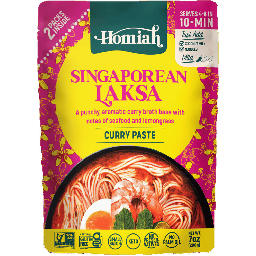 Homiah Singaporean Laksa curry paste packaging with a colorful design and images of noodles and curry.