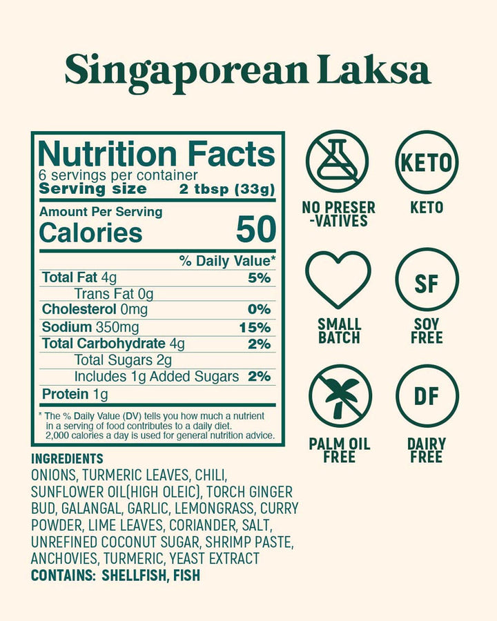 Nutrition facts label for Singaporean Laksa with icons and text on a white background