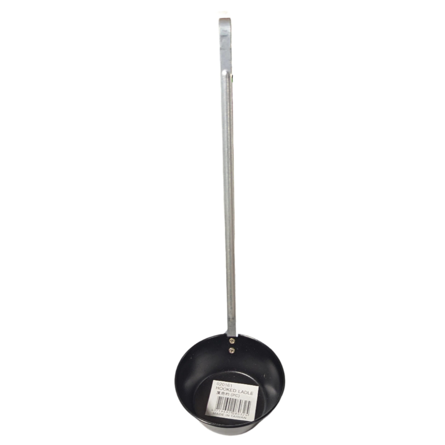 Black hooked ladle with a long handle on a white background