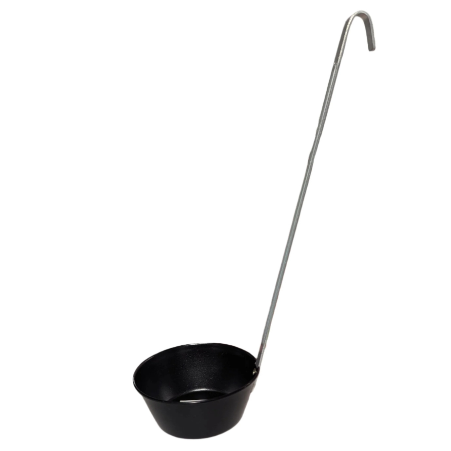 Black ladle with a long handle on a white background