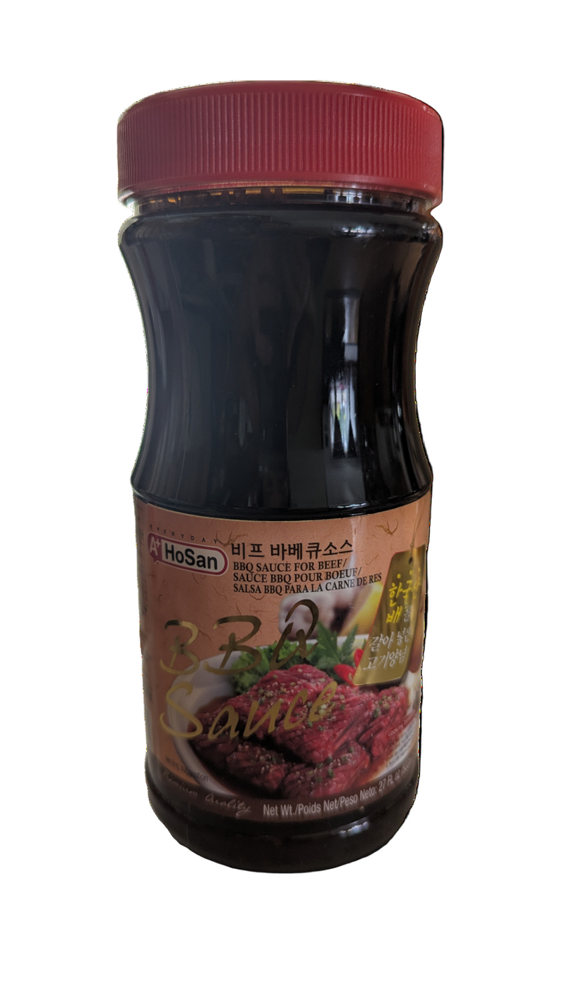Plastic bottle of HoSan BBQ sauce with a red cap on a white background