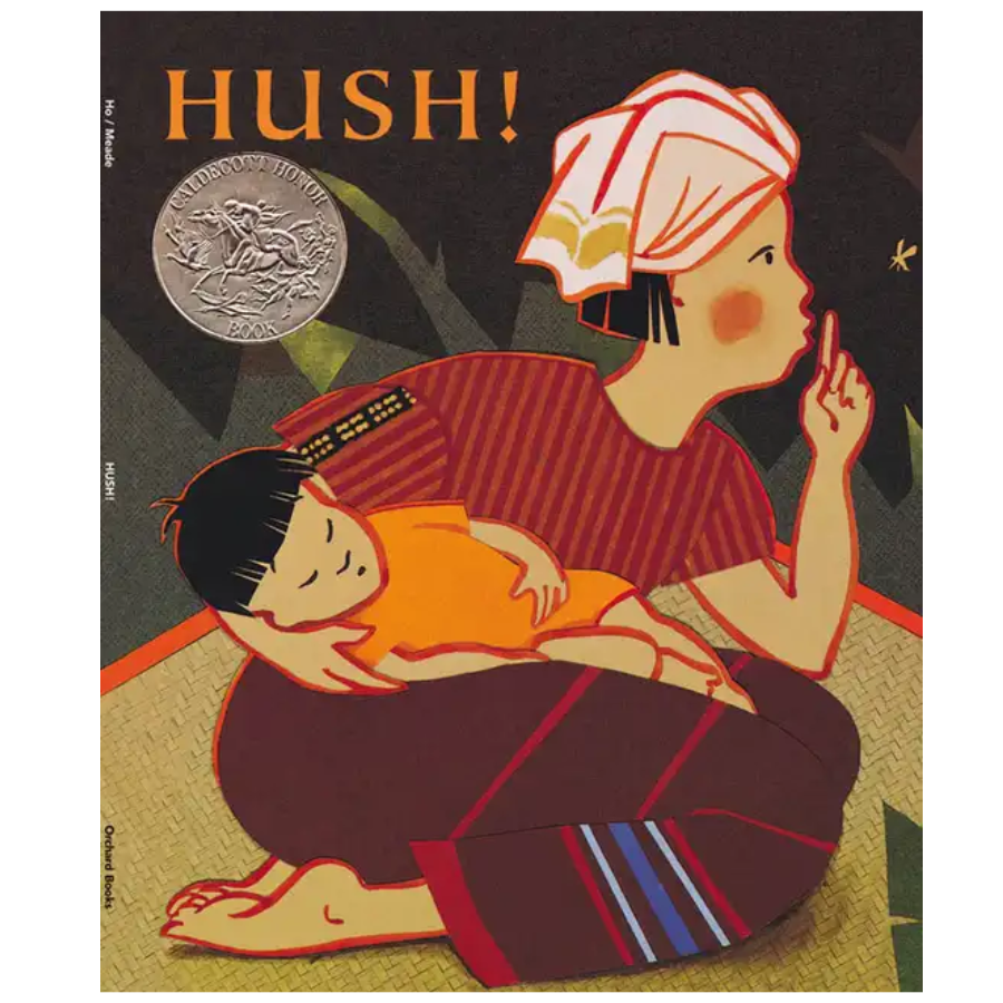 Book cover of 'Hush!' with an illustration of a woman and child, featuring a Caldecott Honor Award badge.