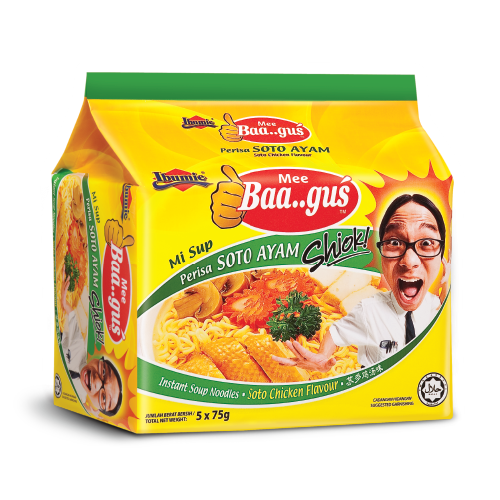 Mee Baa Gus instant soup noodles packaging with a man's face on the front