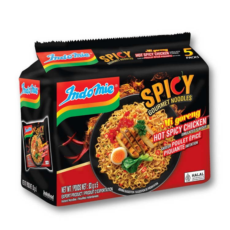 Indomie Spicy Gourmet Noodles packaging with noodles and chicken on a black background