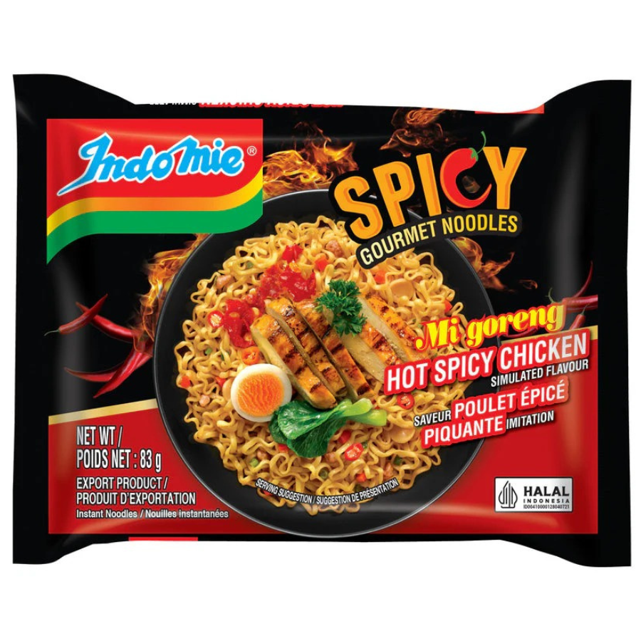 Indomie spicy gourmet noodles packaging with chicken and egg on a black background