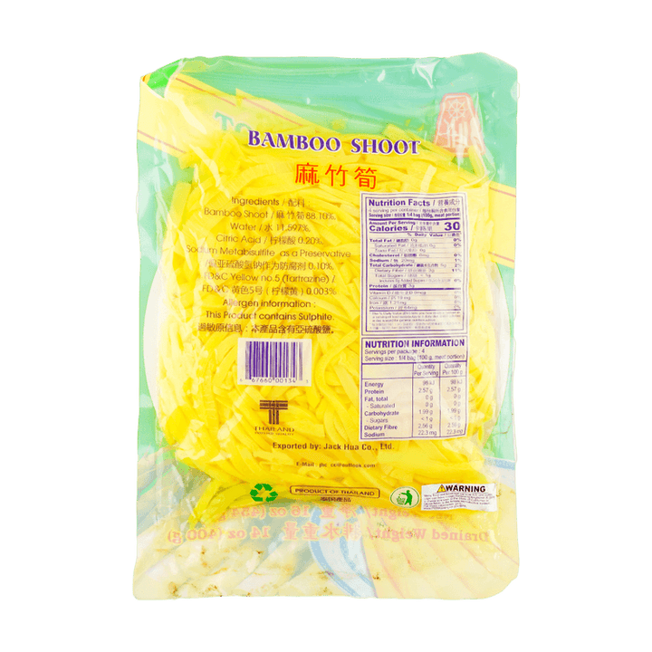 Packaged bamboo shoots with nutritional information on a green background