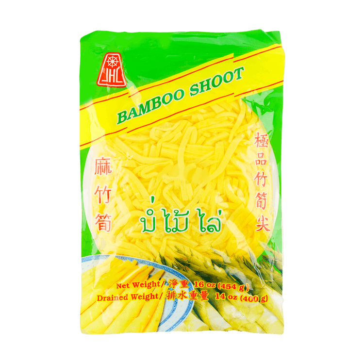 Packaged bamboo shoots with green and yellow label on a solid background