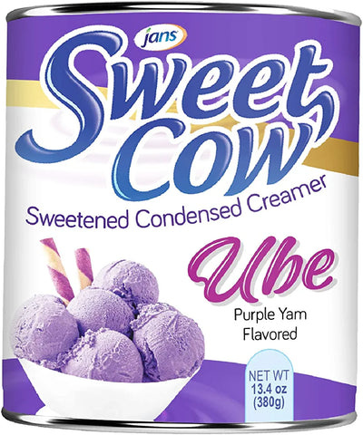 13.4 oz can of Jans Sweet Cow Sweetened Condensed Ube Creamer, with an image of purple ice cream in white bowl. 