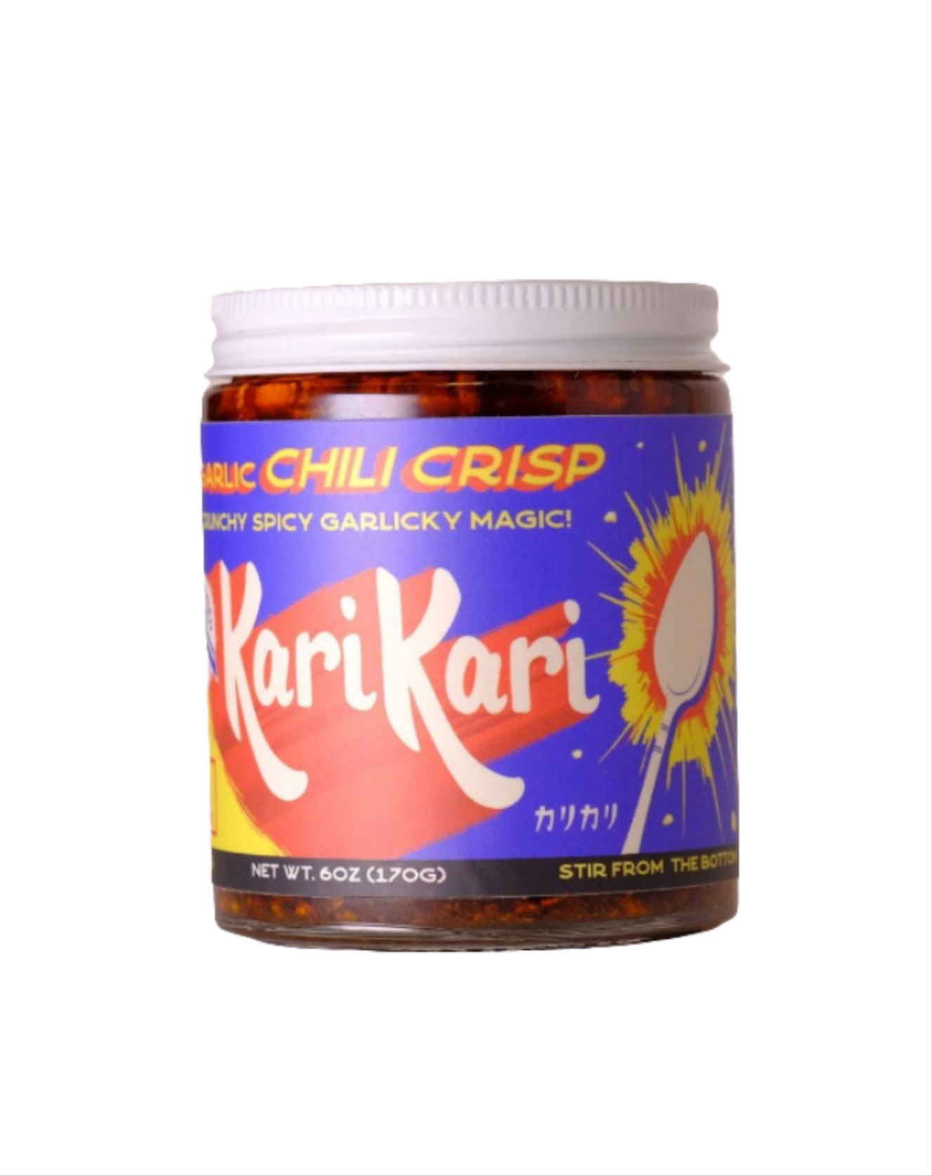 A jar of Kari Kari Garlic Chili Crisp with a colorful label showcasing the product name and description.