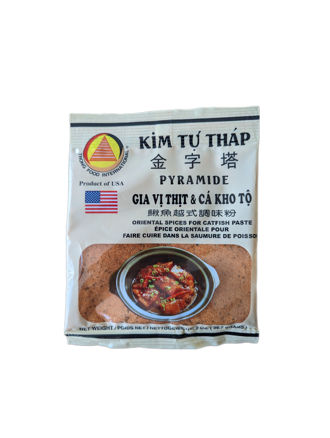 Packaging of Kim Tu Thap Oriental Spices for Catfish Paste featuring the product name and an image of a catfish dish.