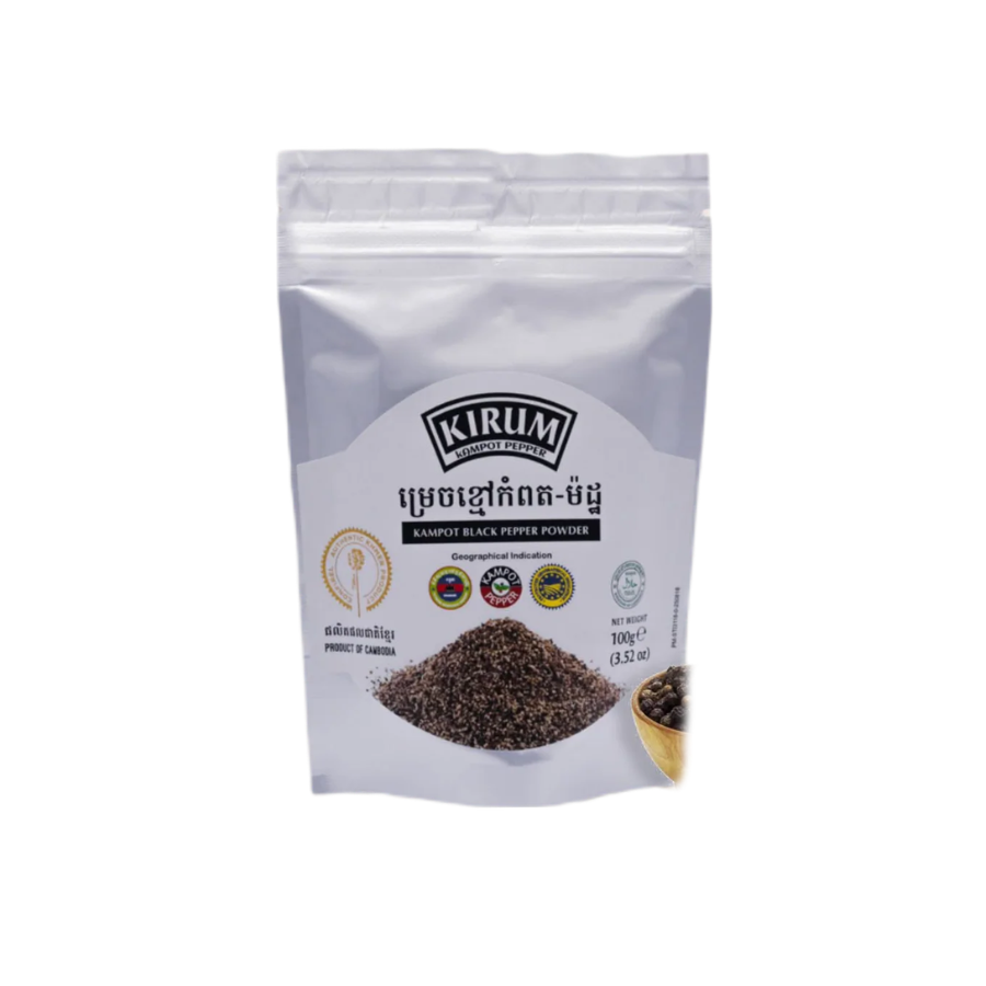 Package of Kirumi black pepper powder on a white background