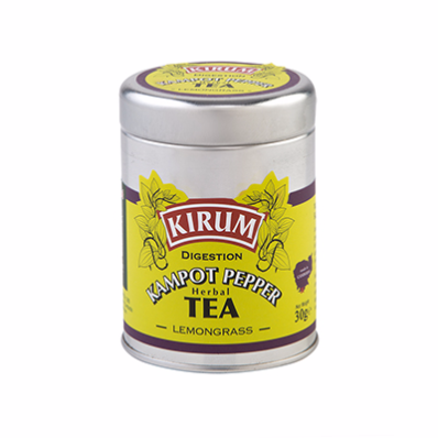Silver tin of Kirum Kampot Pepper Herbal Tea with yellow label on a white background