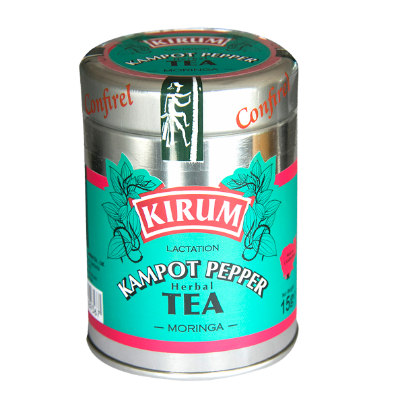 Tea canister with Kirum brand label on a white background