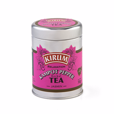 Silver tin of Kirum Kampot Pepper Herbal Tea with pink label on a white background