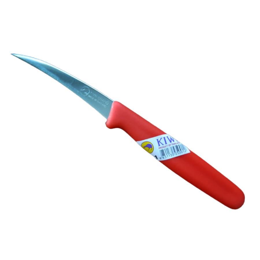 Orange-handled knife with a blue blade on a white background