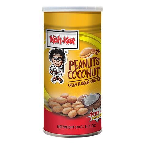 A can of Koh-Kae Peanuts Coconuts Cream Flavour Coated Peanuts. The can is colored in yellow, with images of the peanuts and a cartoon character on the label.